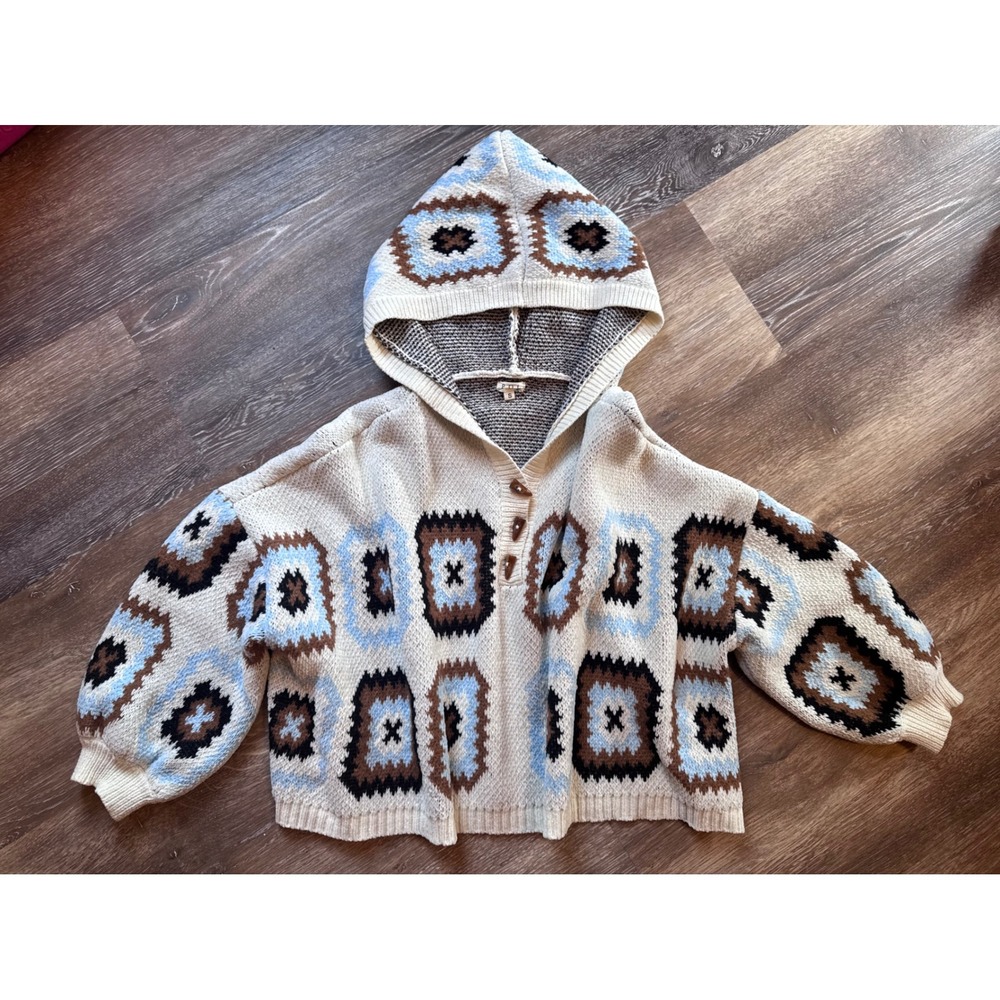 POL Clothing Boho cropped Geometric Knit Hoodie Sweater Cream Blue Womens Small